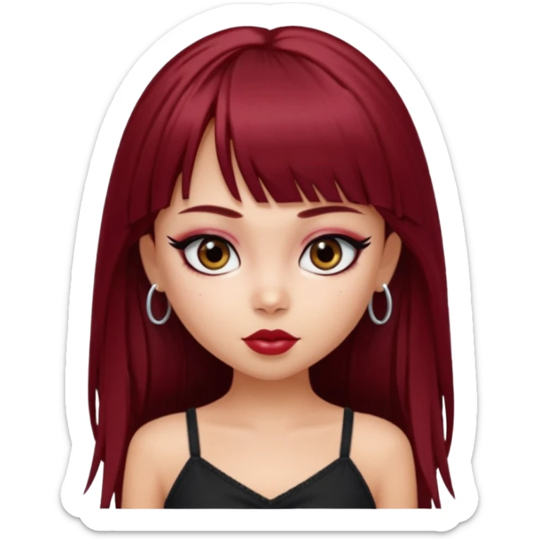 generate a pretty bratz girl in black cami top, dark red straight long hair with bangs, eyeliner on, 

 sticker