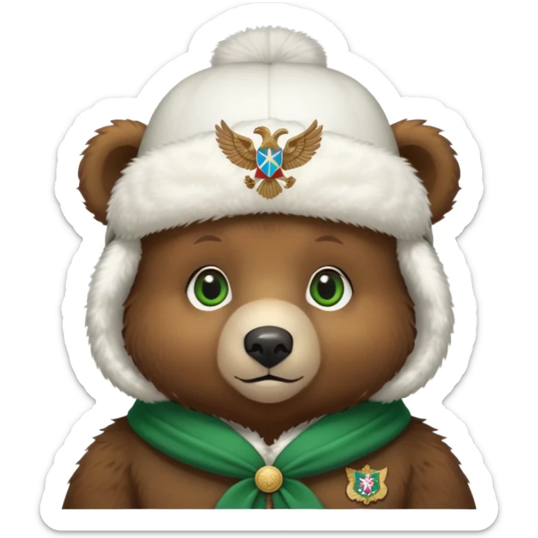 Just the head of a cute small brown bear cub with green eyes, wearing only a white fluffy ushanka hat with detailed Russian Federation double-headed eagle emblem, no other clothing, iOS emoji style sticker