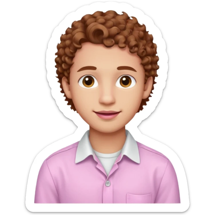 emoji of a young man with light skin, big brown eyes, soft smile with braces, full pink lips, curly hair, warm gaze, wearing a white buttoned-up shirt sticker