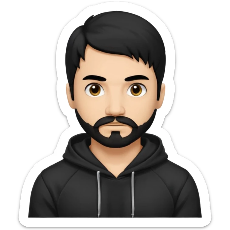 Man, hispanic skin, black hair, black beard, black mustache black eyes black t hoodie, small nose, long emo hair, muscular  sticker