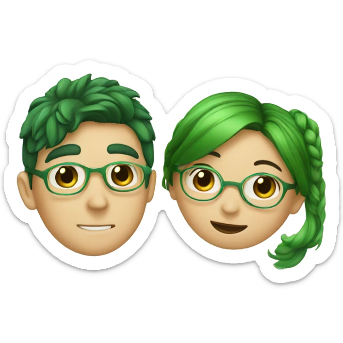 A boy with brown hair and a mustache is kissing a green haired girl wearing glasses sticker