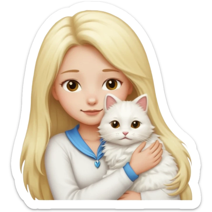 a girl with long blonde hair and a white fluffy cat cuddling her neck, emoji style sticker