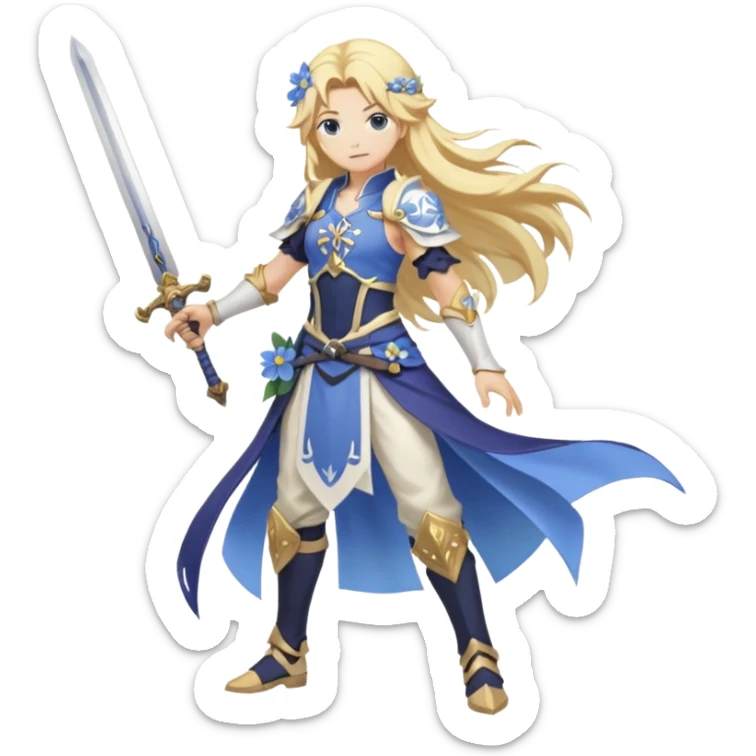White and golden, blonde, long-haired Lumine with a pastel-indigo flower in hair (from Genshin Impact) with a sword (full body) sticker