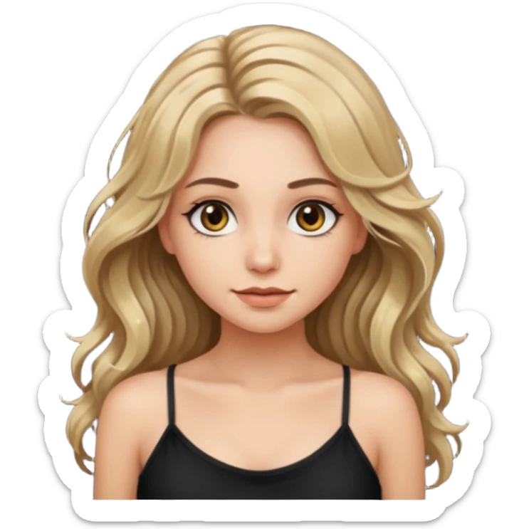 make an emoji girl with long dirty blond hair and hazel eyes. wearing a cute black spaghetti strap tank top tank top and her hair is down and slightly wavy. she also has really long eyelashes  sticker