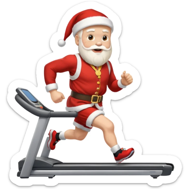 A Norwegian Santa running on a treadmill, wearing a gold medal round his neck sticker