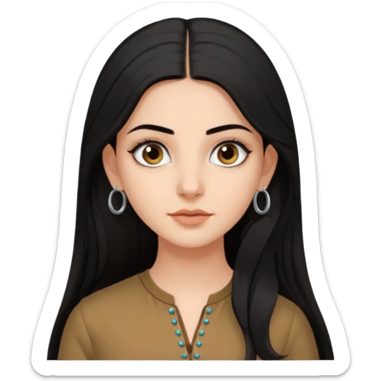 a pretty bratz fair girl with long black hair, kajal under eyes, small silver hoop. brown kurti on sticker