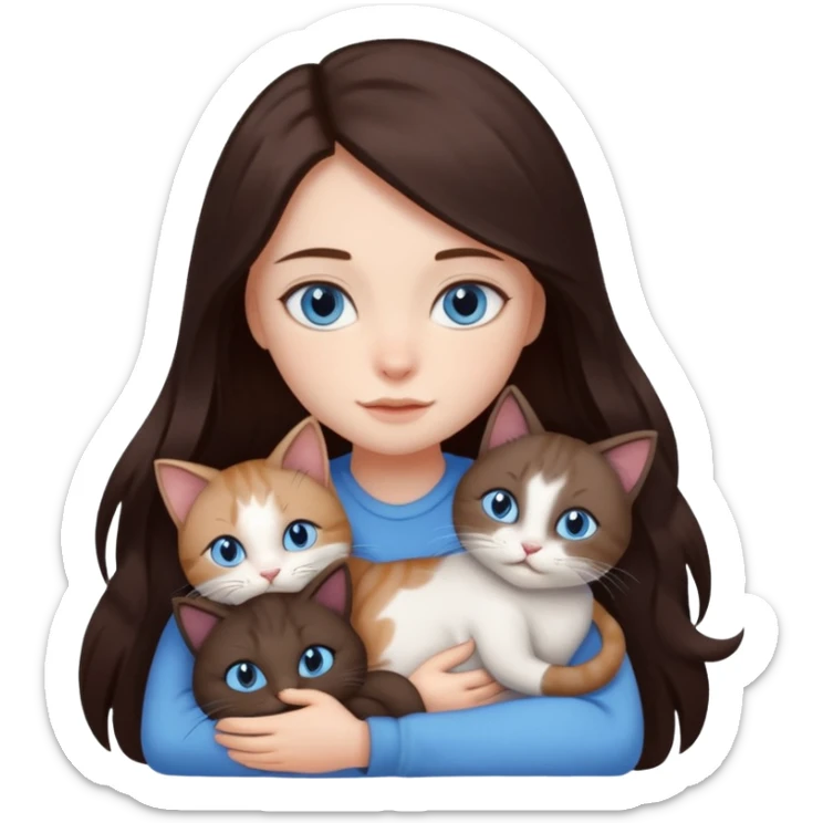 a girl with long dark 
brown hair, with blue eyes, hugs 3 different natural coloured cats sticker