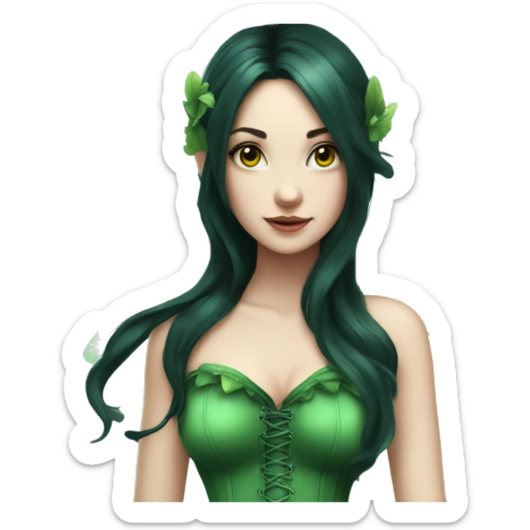 Fairy with long black hair pale skin deep green wings and green corset sticker