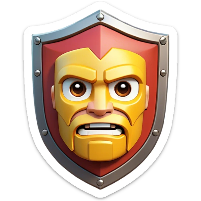 Clash of Clans aesthetic: Cinematic Playful Pixel 3D Shield Portrait Emoji, rendered in a 3D vector-style similar to standard emojis with minimal shading and bold, simplified shapes. A compact, distinct form with signature details, softly glowing with a pixelated adventure charm. Simplified yet unmistakably iconic, highly detailed and consistent, glowing with a soft radiance and high shine. Stylized with a touch of classic pixel-art charm and a soft glowing outline, capturing the essence of a beloved gaming relic with a friendly, playful manner! sticker