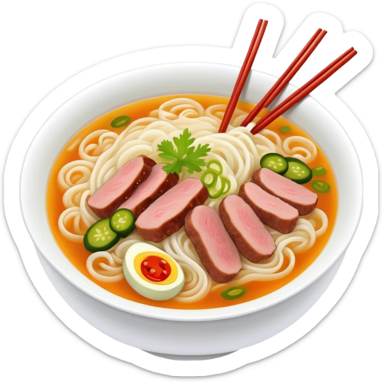 Guilin rice noodles with pickles and meat in soup, simplified emoji style with bold outlines and bright colors, cartoon style Guangxi specialty Mi Fen sticker