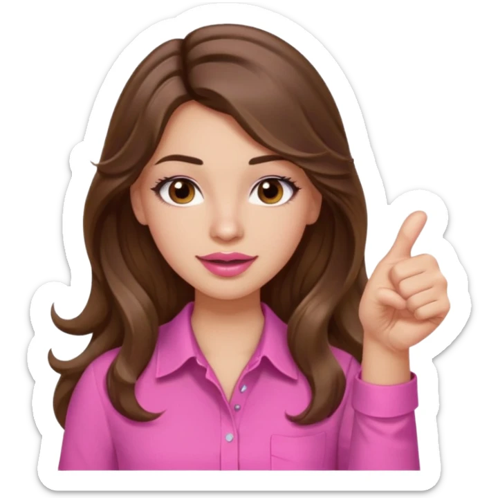 girl with long wavy brown hair, brown eyes, light to medium complexion, in a pink shirt, pink lips, long lashes, puckered lips, thumbs up sticker