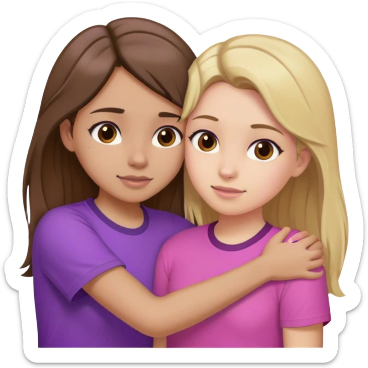 2 girls hugging one with brown hair and blonde highlights in a purple shirt hair and one with dark hair in a pink shirt sticker