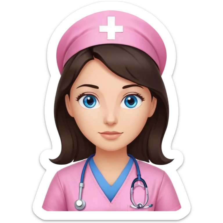 Female nurse, long dark brunette hair, blue eyes, sunkissed skin, pink scrubs sticker