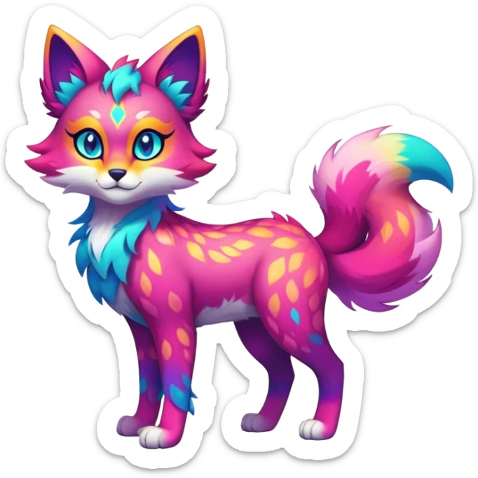 Vibrant multicolored neon-colored Falvie-Fionbri-creature-sparkle-feline-canine-hybrid-fursona, full body, fur pattern-markings sticker