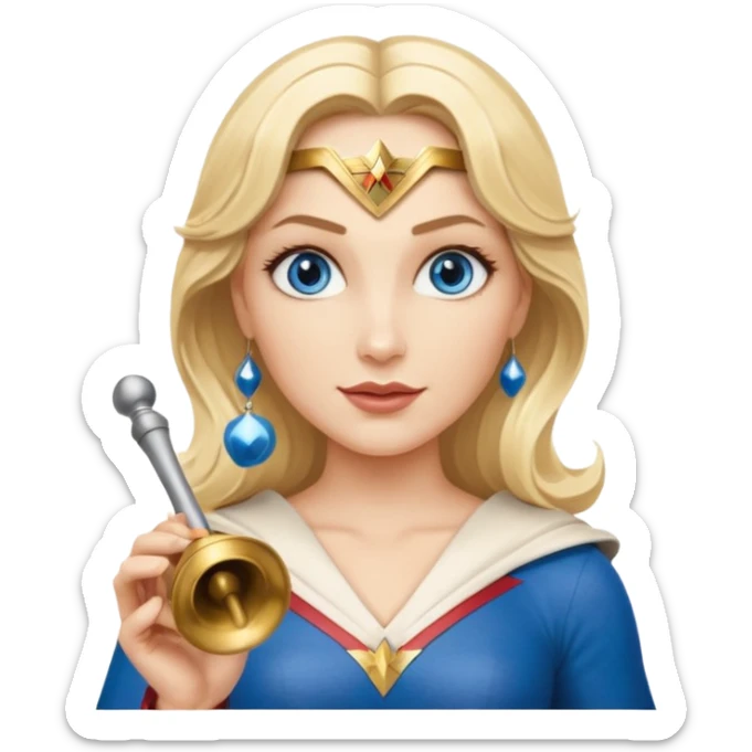Blonde blue eyes Wonder Woman holding bell and short white orchestra conductor’s baton  sticker