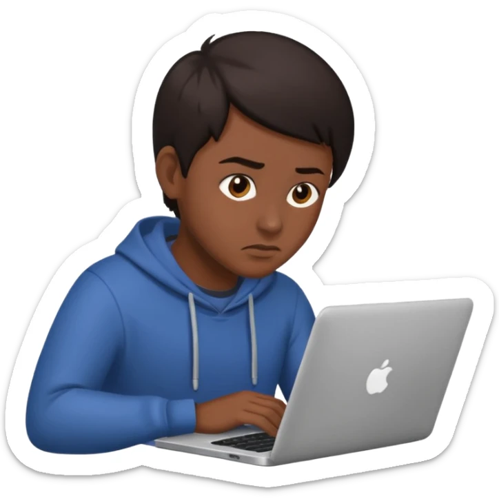 The central figure is an emoji of a person with dark hair with laptop sticker