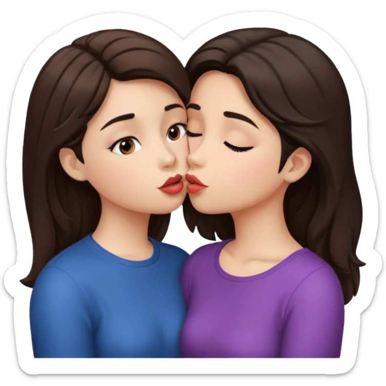 A girl kisses her friend The girls' hair color is dark brown.  sticker