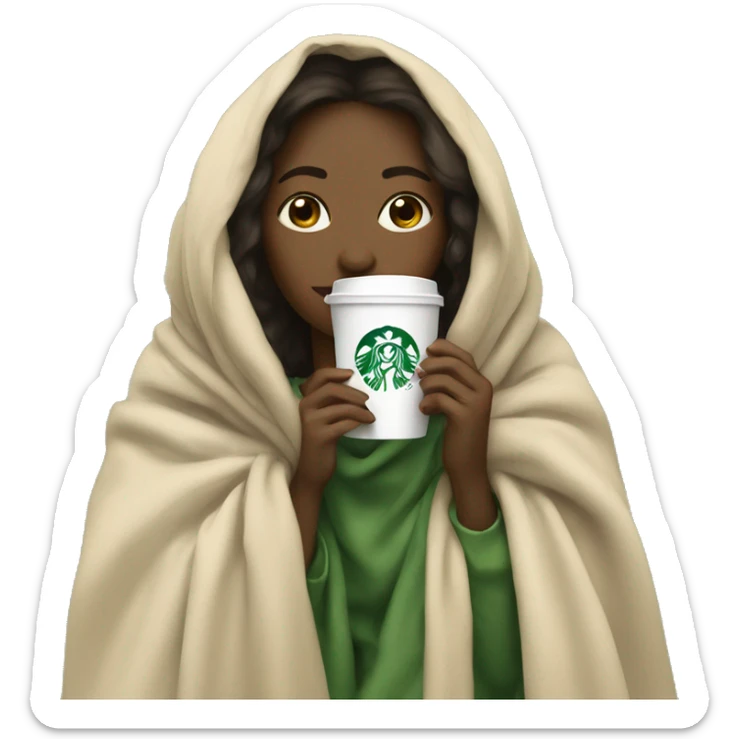 girl inside a blanket beige sipping coffee Starbucks ,eyes colore green  sticker