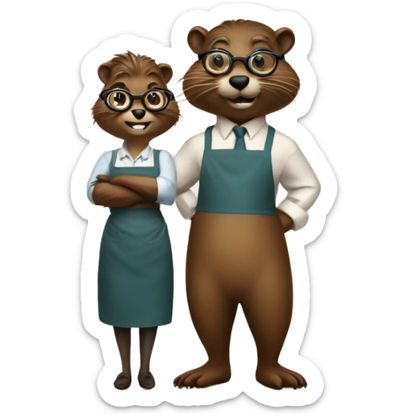 Male beaver wearing glasses standing next to his wife beaver who’s wearing an apron sticker