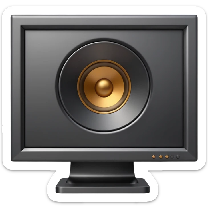 Minimal emoji icon of a modern metallic studio monitor, front view, detailed geometry, dark metallic body, subtle highlights, isolated sticker