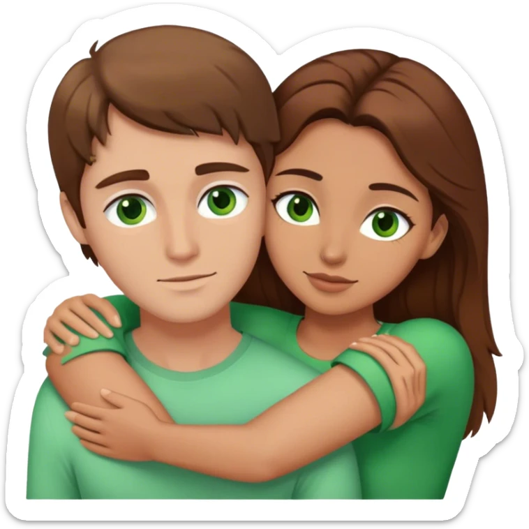 white couple with brown hair, woman has green eyes man has brown eyes, they’re hugging each other  sticker
