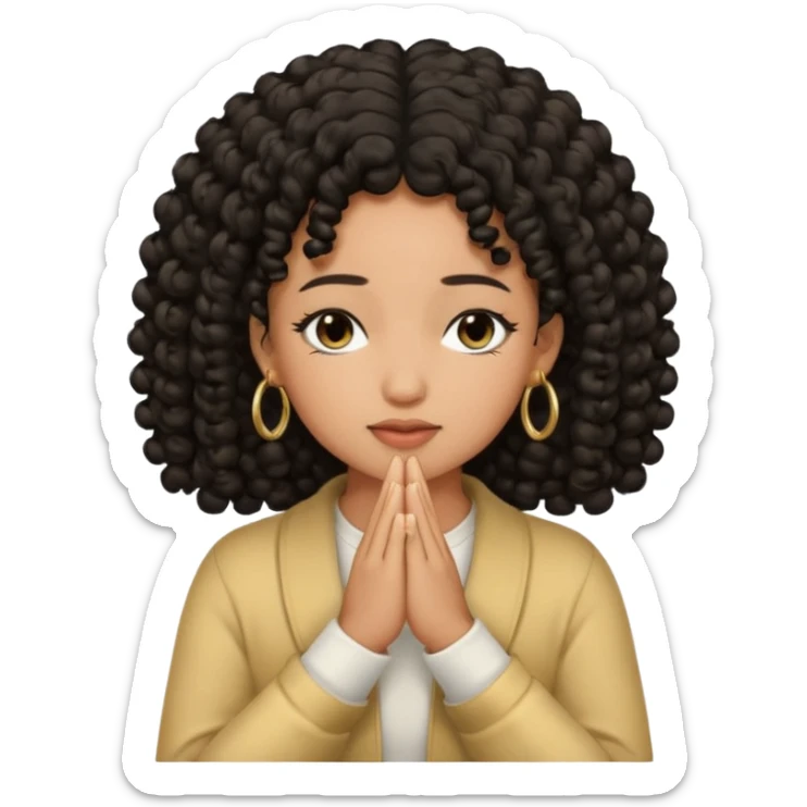brown girl praying black curly hair and black eyes closed with gold hoop earrings sticker