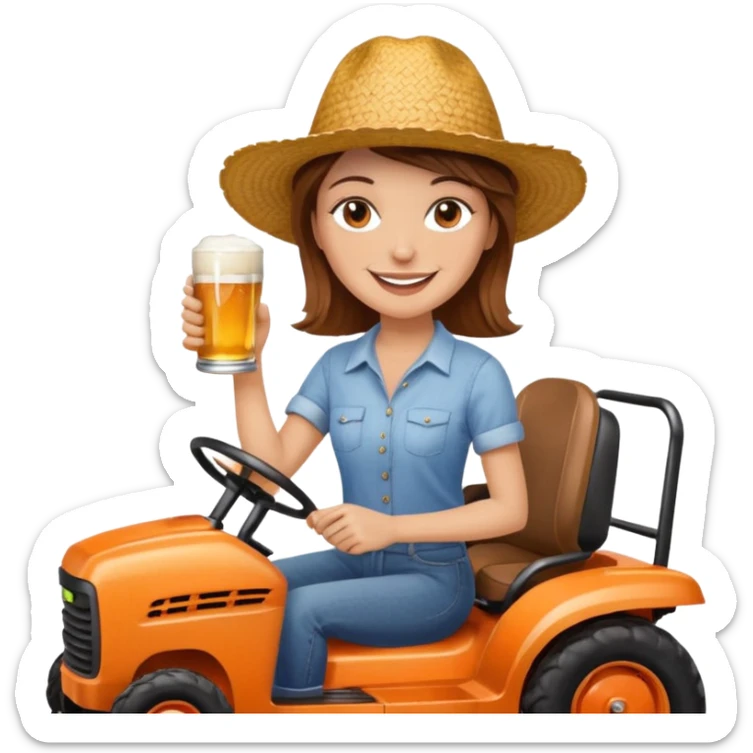 White woman with brown hair, without glasses wearing a straw hat, on old orange ride on lawn mower, holding a beer with one hand and holding the steering wheel with the other hand. Woman is smiling. Lawn mower brand is called “Westwood” sticker