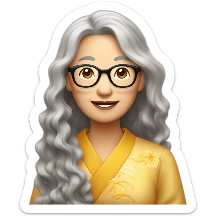 Chinese senior lady has wavy long hair wear glasses show love sign sticker