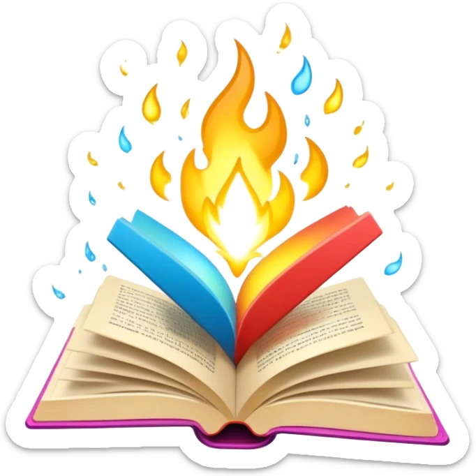 Un libro con un aura de colores vibrantes, con destellos dorados flotando a su alrededor,  un rayo de luz atravesándolo, simbolizando la explosión de creatividad sin miedo.  sticker