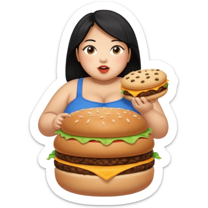 create a humongous asian girl with black hair, with 2 burgers and a cookie in her mouth, she is super obese, please make her a full body emoji, mega huge tummy   sticker