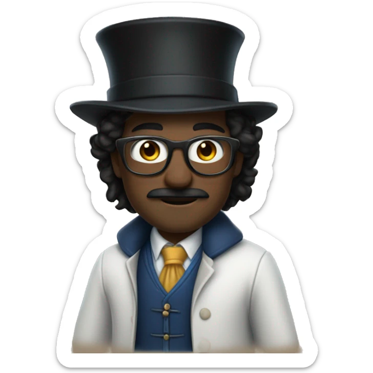 man with white skin, black longer and straight hair, mustache, glasses, with a magic hat, ravenclaw sticker