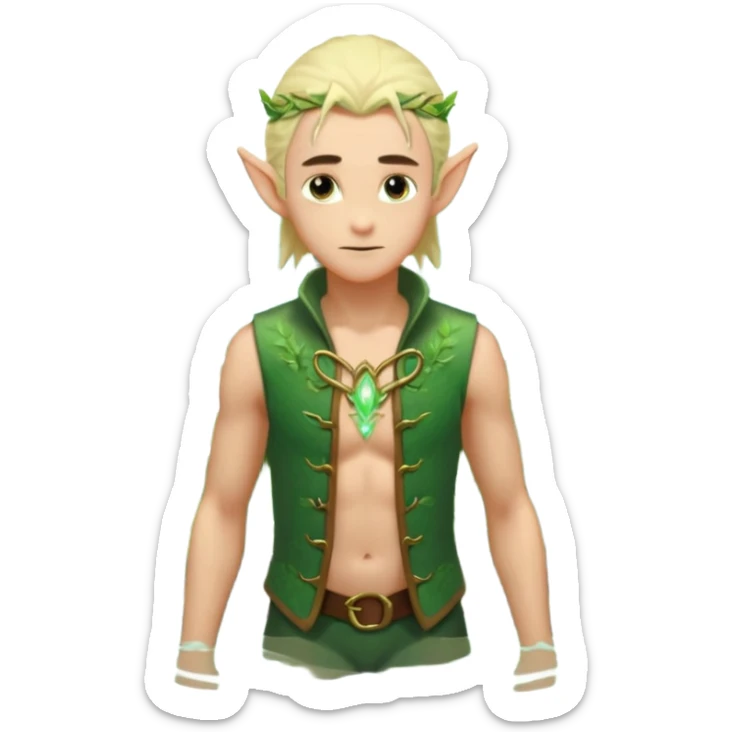 elf male legolas wading in shallow tide pool, palm emitting soft green light to heal glowing coral, practical open vest over bare chest, determined gaze, pointy ears, vibrant underwater plants, centered emoji, nature guardian summer sticker