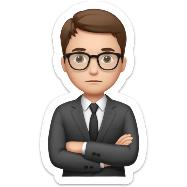 Illustrate Gus in a business suit with glasses, hands folded & serious gaze. sticker
