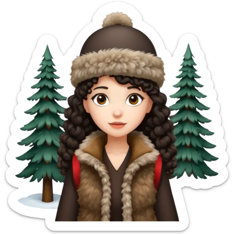 "A girl with curly dark hair 👩🏻‍🦱, wearing a fur hat 👒🦊 and a fur vest 🧥, standing in the snow ❄️ with pine trees 🌲 in the background. Minimalistic emoji style." sticker
