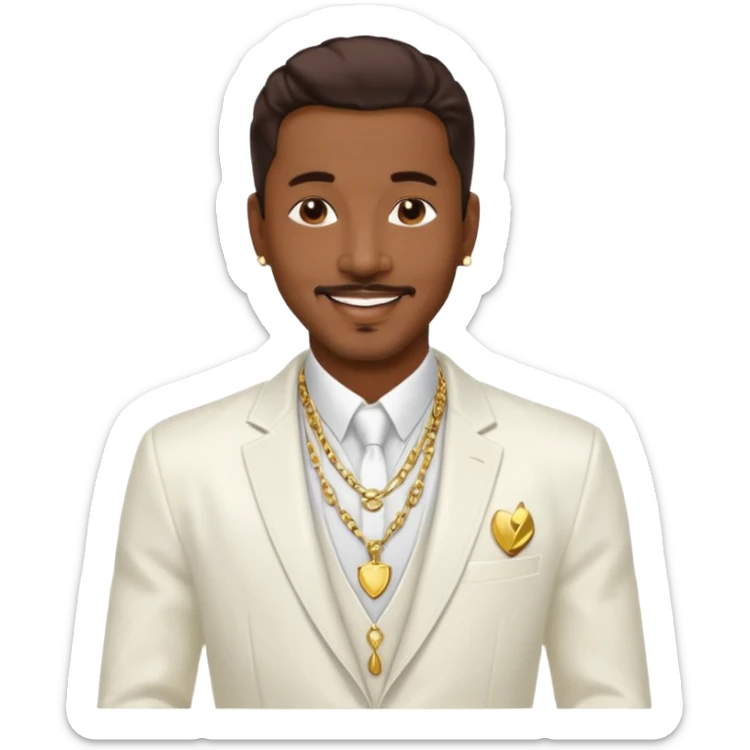 Ralph Tresvant with dark brown hair, white suit jacket, shirtless with necklace sticker