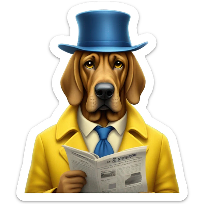 Full body blue and yellow bloodhound-wearing bifocals in the rain reading a newspaper with To hat and trenchcoat. sticker
