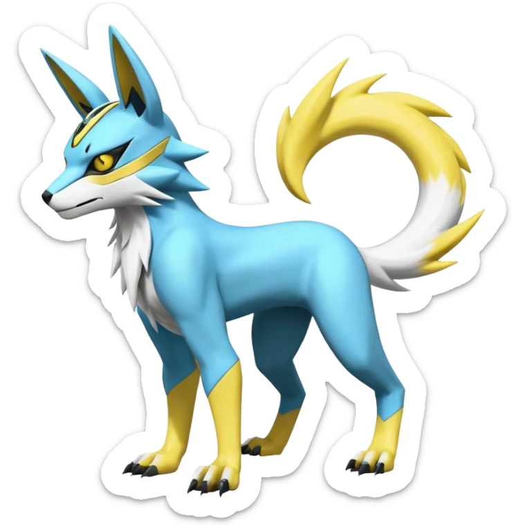 Shiny cyan yellow white electric complex futuristic white-cyber-masked Zeraora-Renamon-Electrike-Umbreon-Lombax-Weregarurumon-fusion-creature (full body sticker