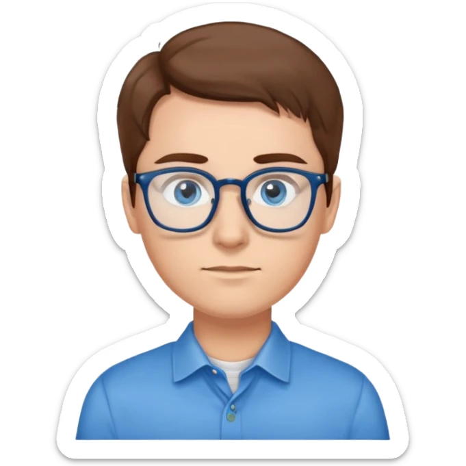 person with brown hair, blue eyes, glasses, wearing a blue shirt and a watch sticker