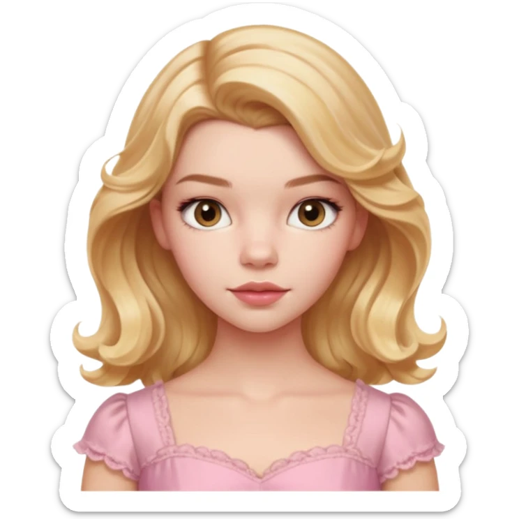 Cinematic Realistic Anya Taylor Joy Portrait, depicted with lifelike skin texture, subtle rosy undertones, and soft natural lighting that enhances the sweet blush contours of her face. Her intricately detailed golden blonde hair is elegantly wavy, and pink dress corquette sticker