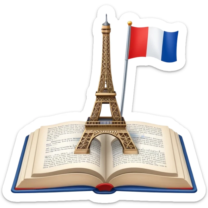 An icon featuring the Eiffel Tower and the flag of France, symbolizing the French language. The design includes an open book with French text, representing language learning and French culture. Transparent background highlights the elegance of the French-speaking world. sticker