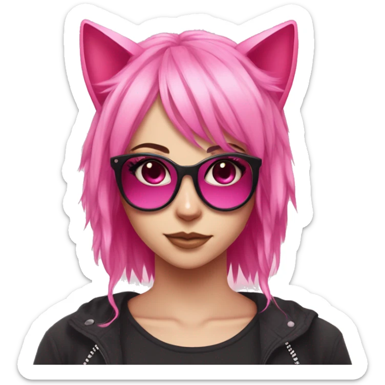 Pink haired girl with pink eyes with eyeliner on and pink cat ears on top of head, scene emo hairstyle with star sunglasses on top of her head sticker
