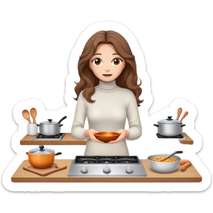 White thin woman with turtneck sweater while cooking in her own kitchen hazel eyes and brown long beach waves hair sticker