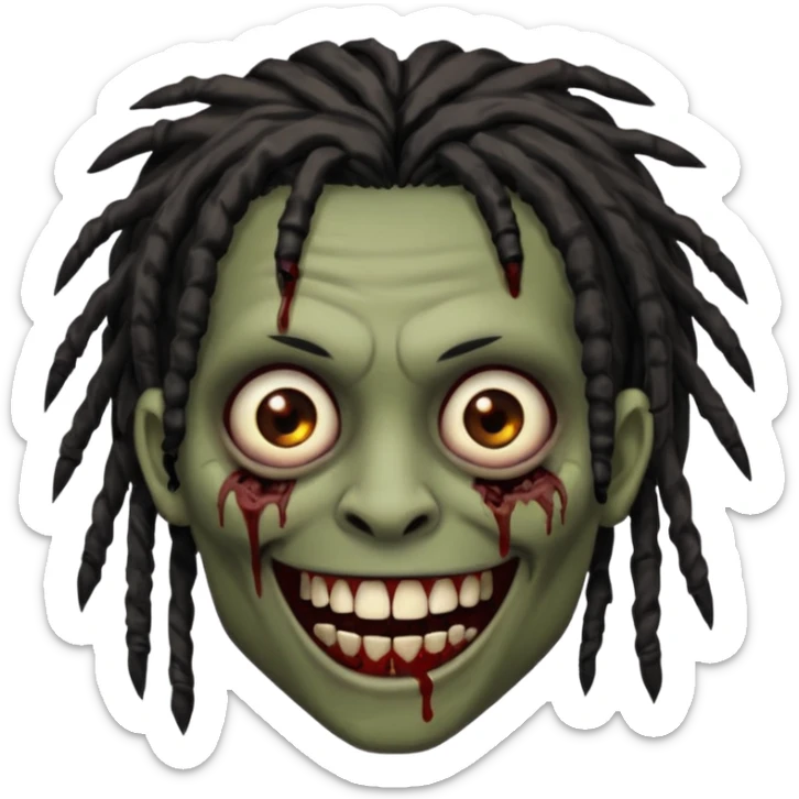 zombie with brown skin, messy black dreads hair, wide centered brown eyes, dark bloody marks under the eyes, and a smile showing grillz, giving a distressed, undead look. sticker