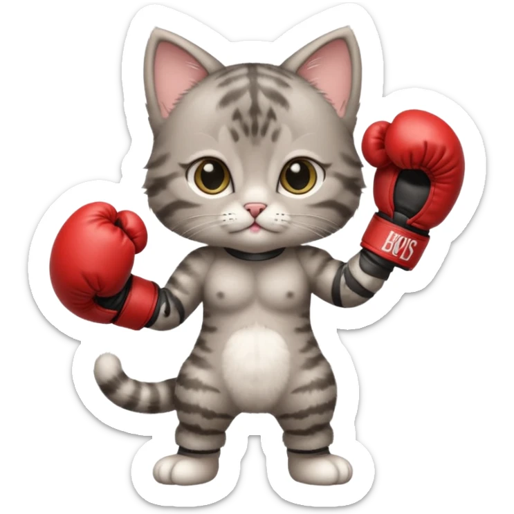 Cute gray tabby baby girl kitten standing with boxing gloves sticker
