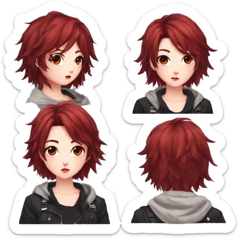 Gorgeous anime style tomboy-lady with blushing face aesthetic and pretty edgy black red punk hair with hair garment trending style sticker