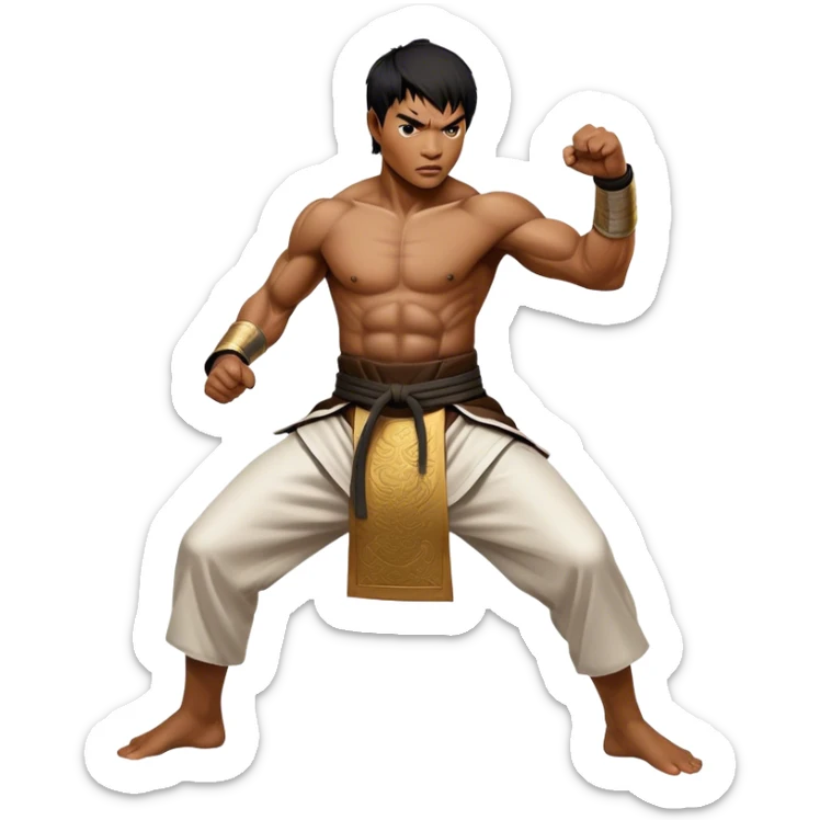 Tony Jaa – Cinematic Realistic Portrait of Tony Jaa, depicted as a dynamic martial arts warrior with intense eyes and a powerful stance in traditional Thai fighting attire, rendered in mid-motion with dramatic lighting and high-detail textures that capture his raw physicality and grace. sticker