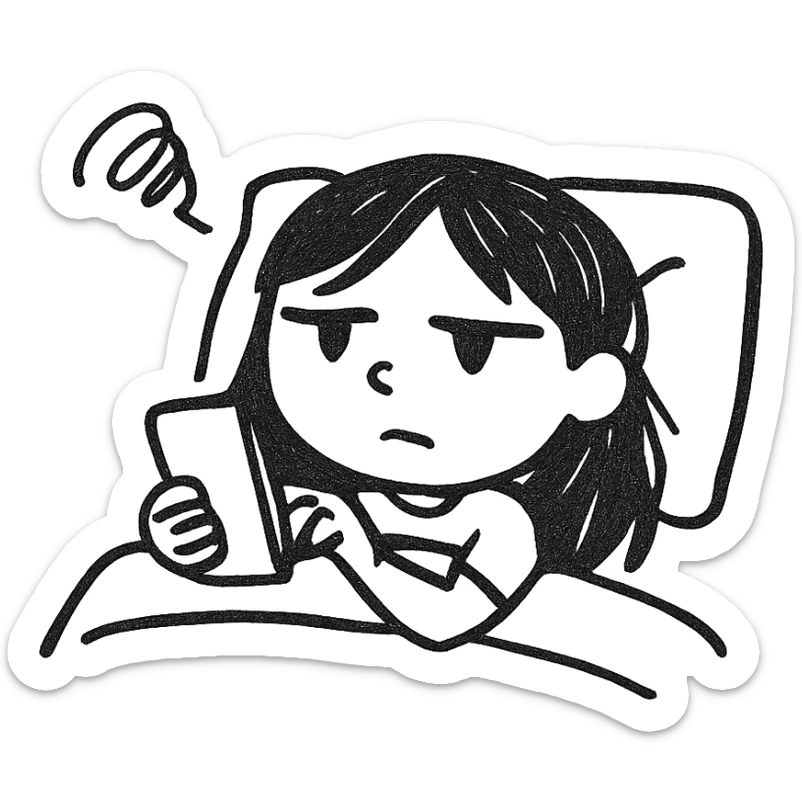 Girl lying in bed, wanting to sleep but not wanting to, staying up late playing with her phone sticker