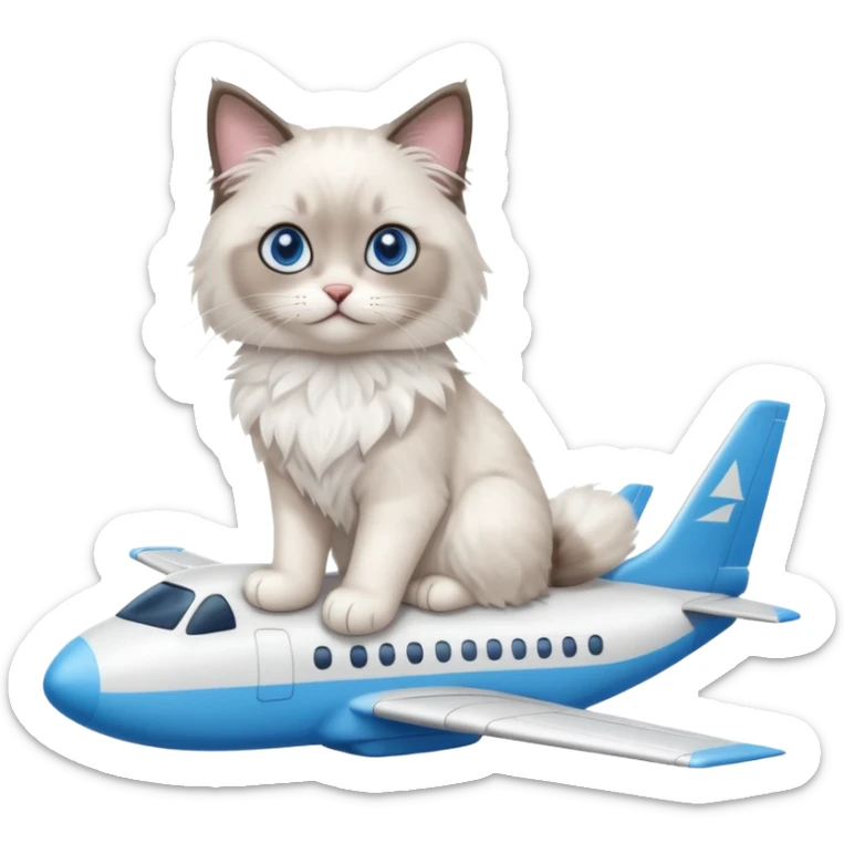 Cute ragdoll cat on an airplane. Should sit on top of the plane, cat is way bigger than airplane sticker