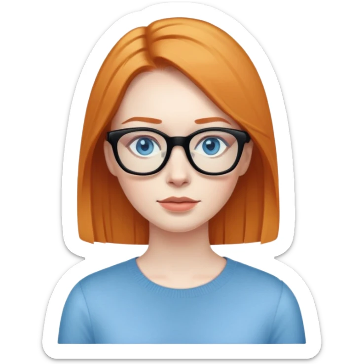 woman with pale skin, ginger straight hair, black glasses, blue eyes sticker