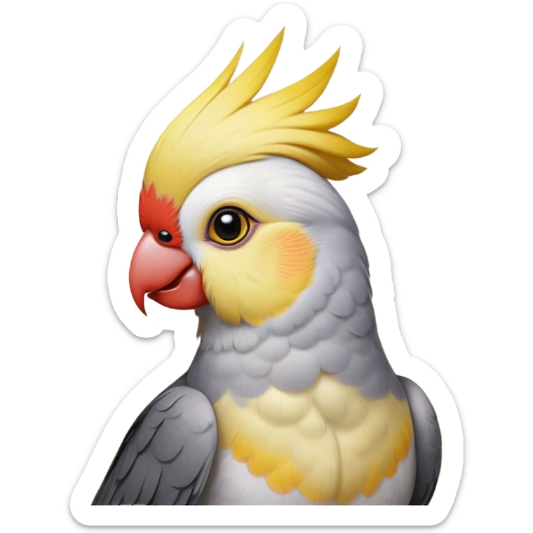 Cinematic Noble Cockatiel Portrait Emoji, Poised and regal, with a slender, delicate build and a beautifully groomed grey fur accented by vibrant yellow cheek patches and a graceful crest, deep-set soulful dark eyes, Simplified yet sharp and sophisticated features, highly detailed, glowing with a soft, dignified glow, high shine, intelligent and charming, stylized with an air of elegance, focused and attentive, soft glowing outline, capturing the essence of a watchful and confident avian companion, so majestic it feels as though it could flutter out of the screen with effortless authority! sticker